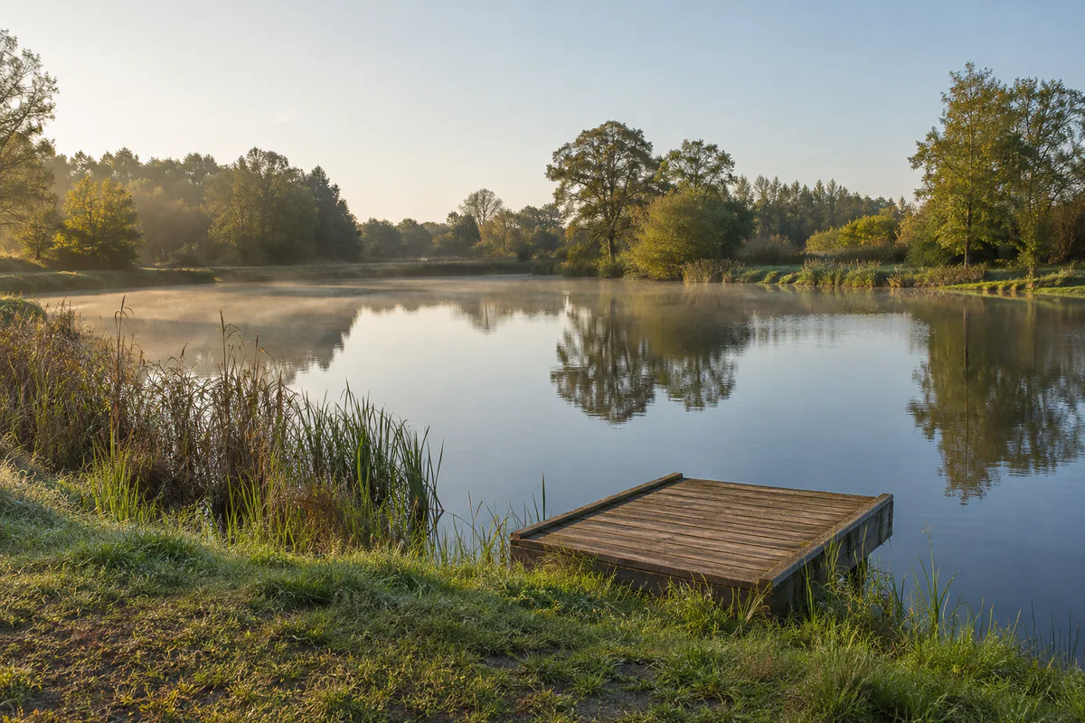 Velholdt fiskesø med klippet bred i morgenlys